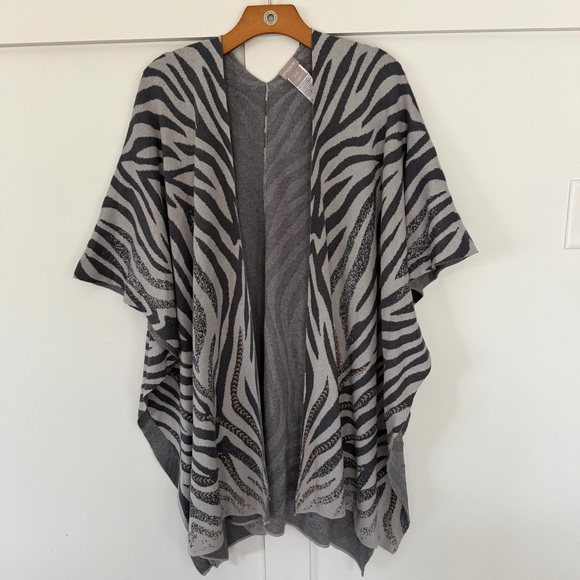 Chico's Sweaters - Chico's Women's Ruana Wrap Poncho Zebra Stripe Gray Embroidered Open Front S/M